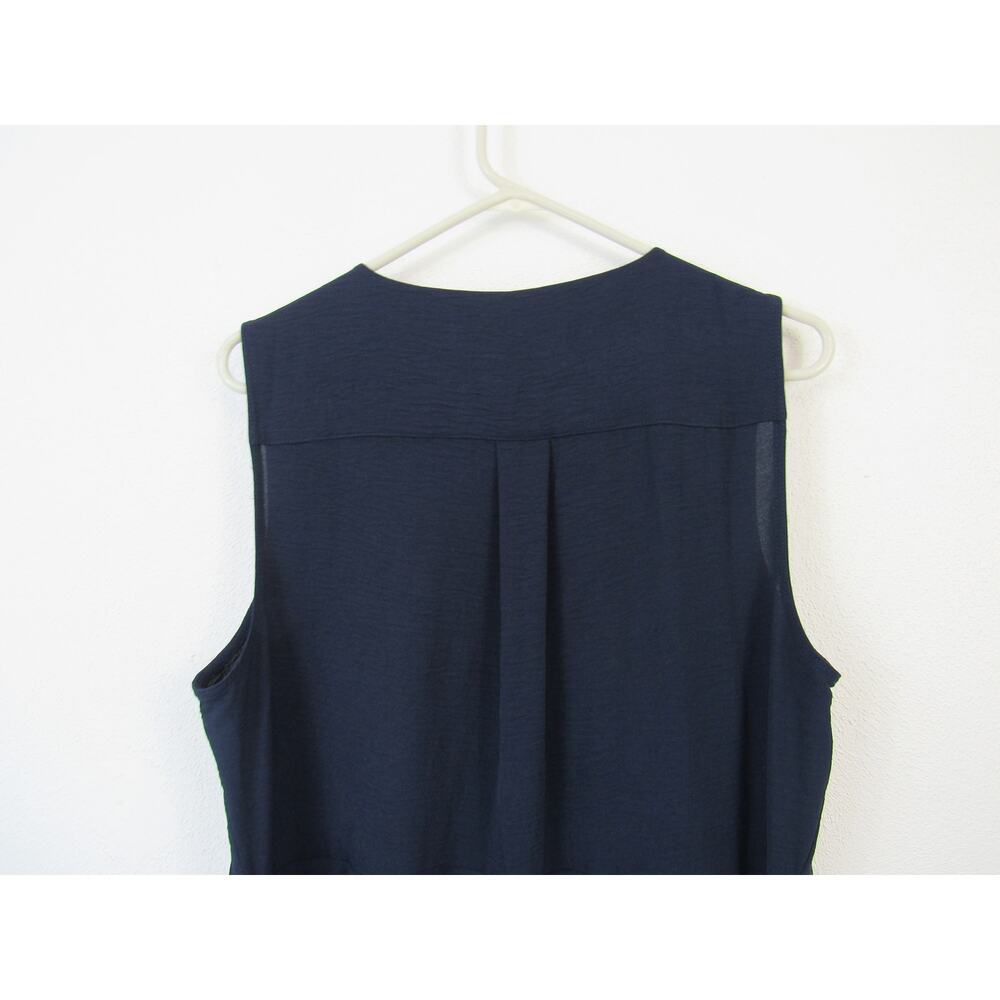 DKNY Size 16 Sleeveless Navy Blue Button Down Shirt Dress Mini Belted V Neck - Picture 8 of 8